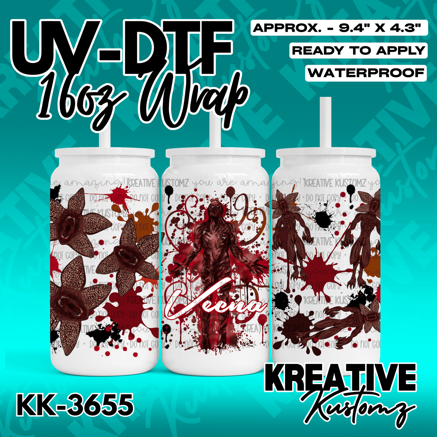A Stranger Things themed UV DTF adhesive wrap for a 16oz glass can featuring Vecna and Demogorgons.