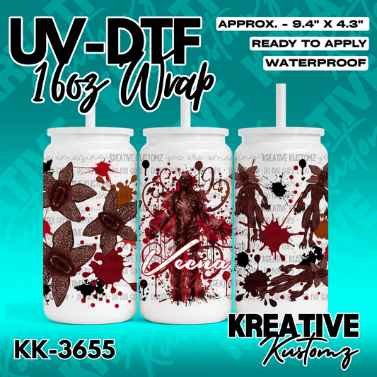 A Stranger Things themed UV DTF adhesive wrap for a 16oz glass can featuring Vecna and Demogorgons.