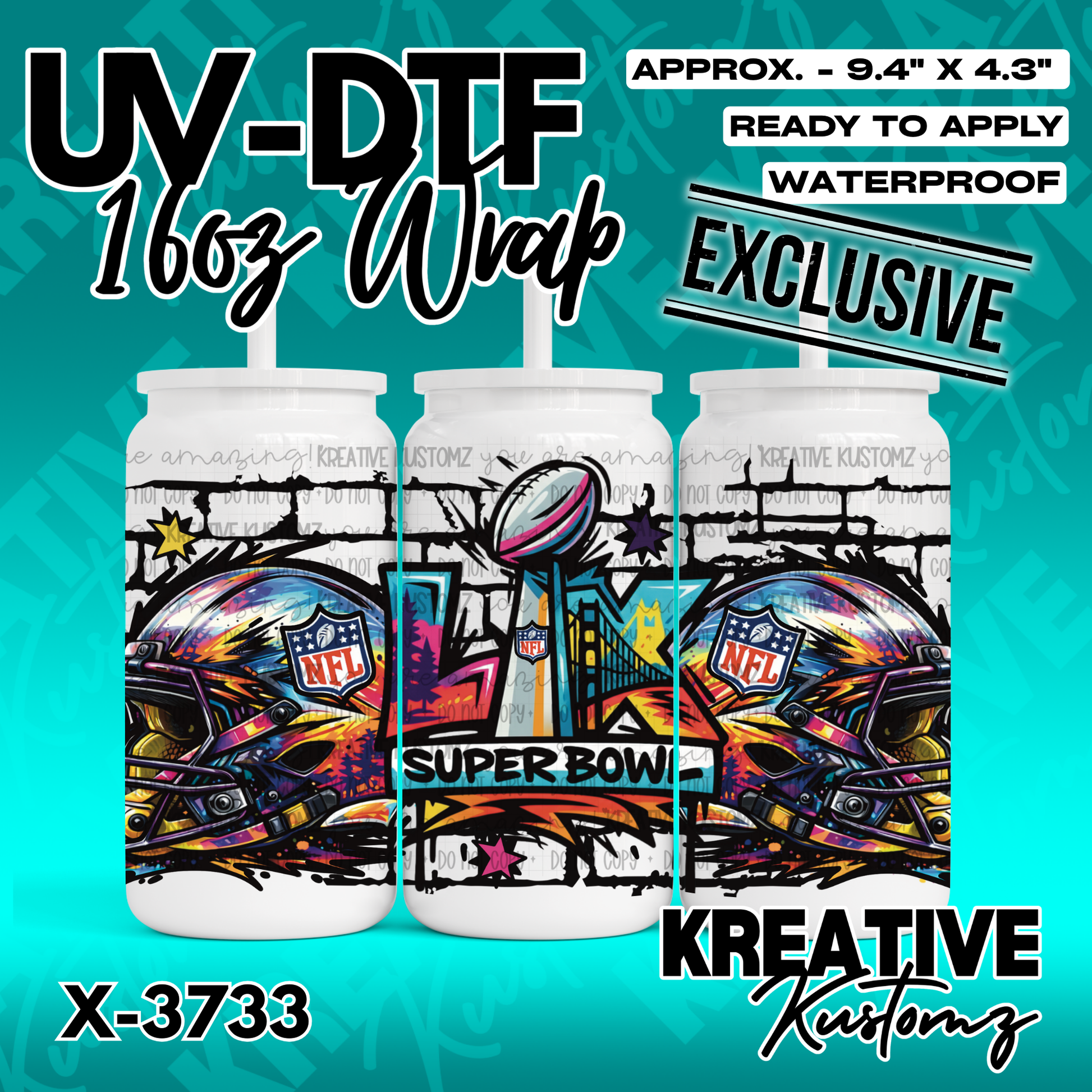 A UV DTF cup wrap featuring a colorful football helmet and Super Bowl trophy design.