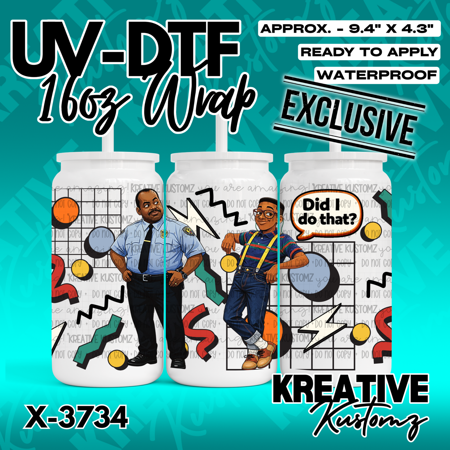 A UV DTF cup wrap featuring Carl Winslow and Steve Urkel with a 90s-style geometric background.