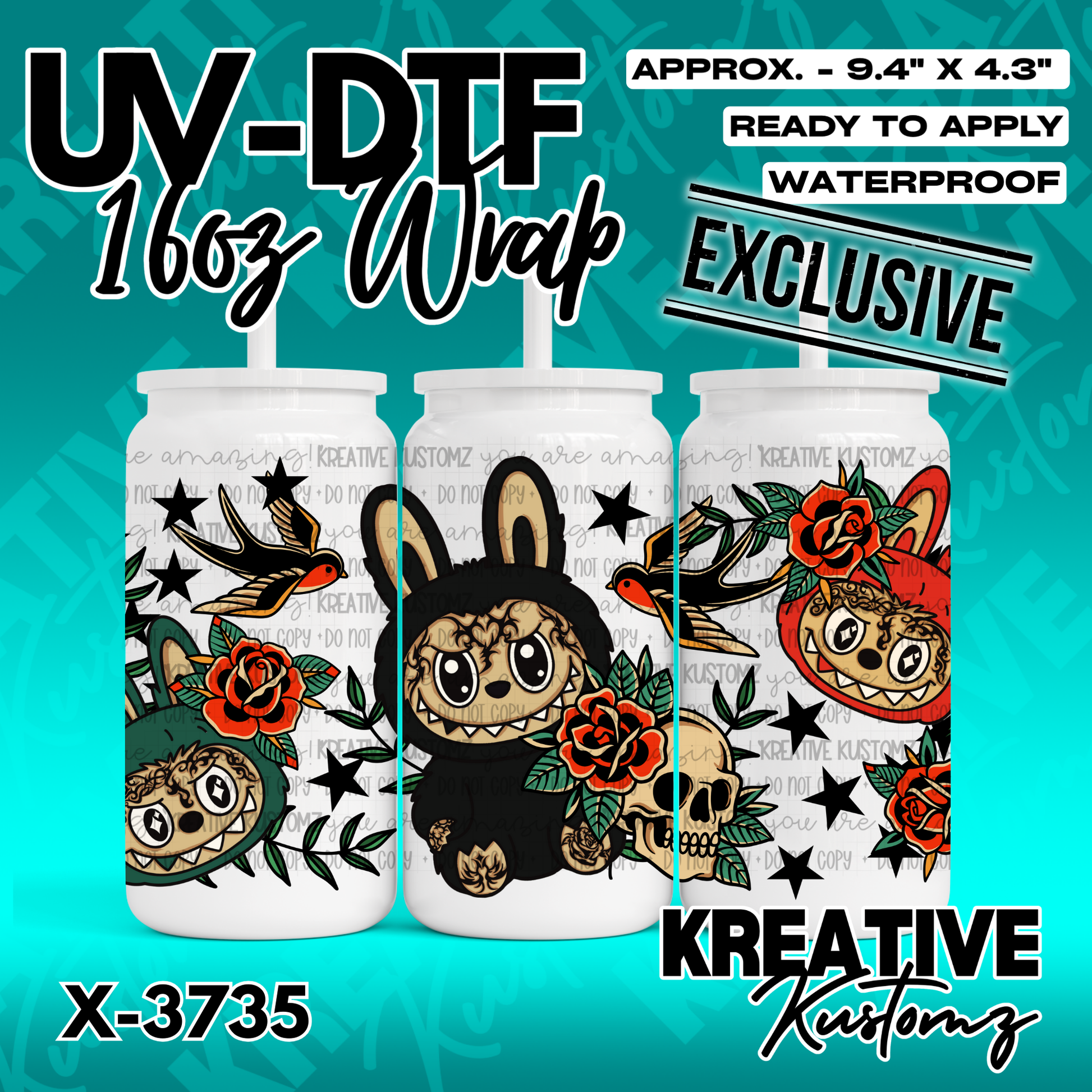 A UV DTF adhesive wrap for 16oz glass cans featuring a cartoon monster, roses, and skull art.