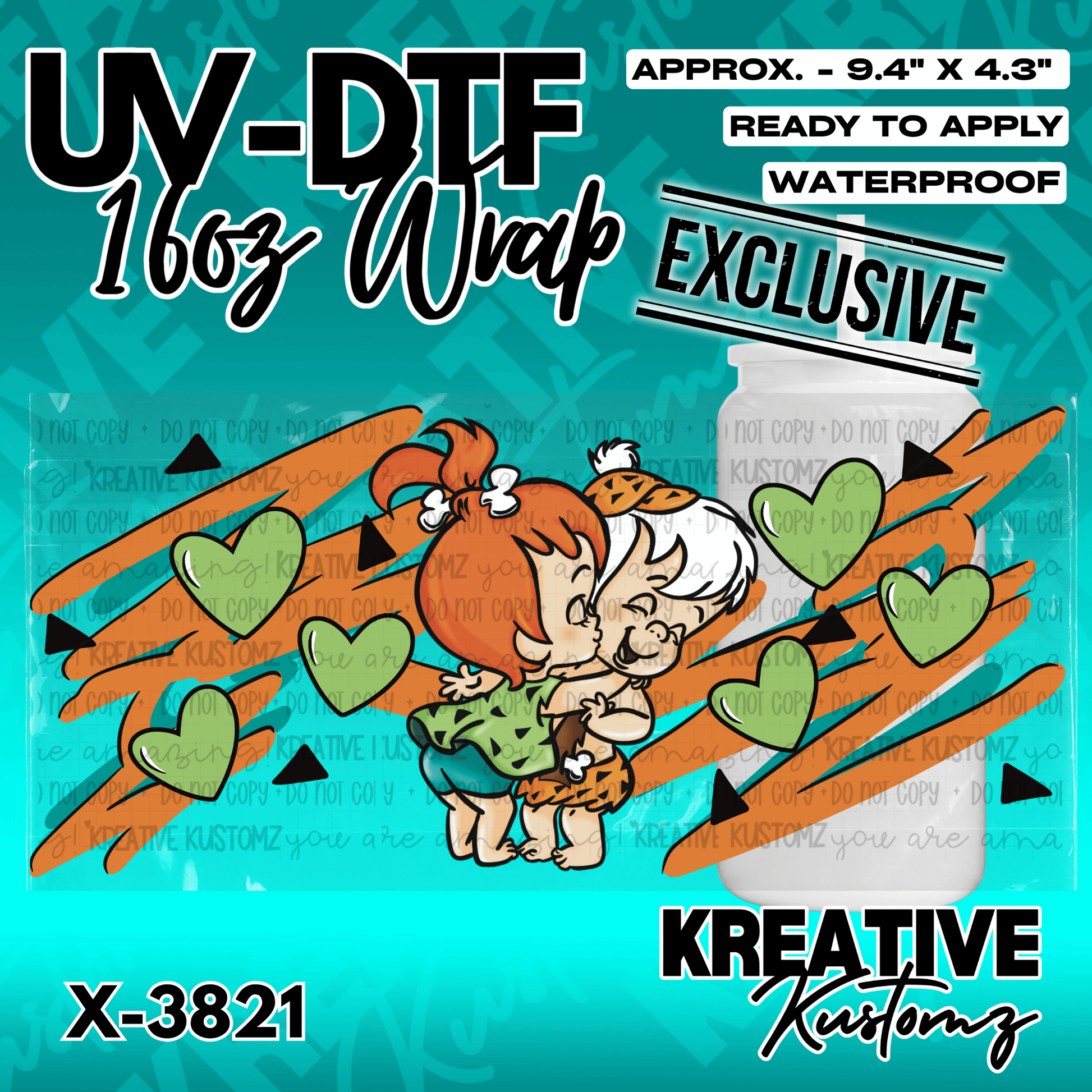 A UV DTF adhesive cup wrap featuring Pebbles and Bamm-Bamm with hearts and orange brush strokes.