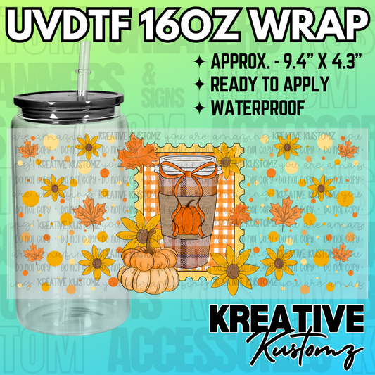A fall-themed UV DTF adhesive wrap for 16oz glass cups featuring pumpkins, sunflowers, and leaves.