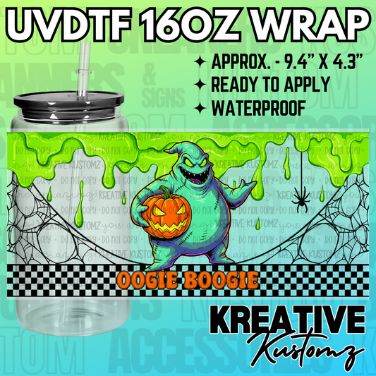 A Halloween themed UV DTF cup wrap featuring Oogie Boogie with a pumpkin on a checkered background.