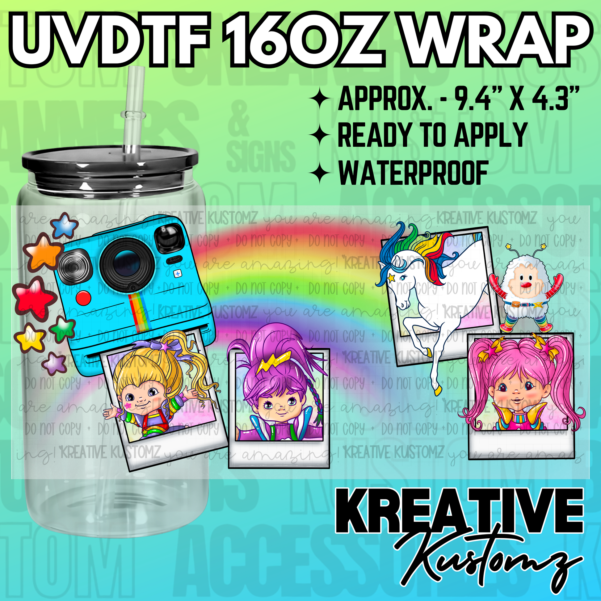 A colorful UV DTF decal wrap for 16oz glass cans featuring cartoon characters and a camera.