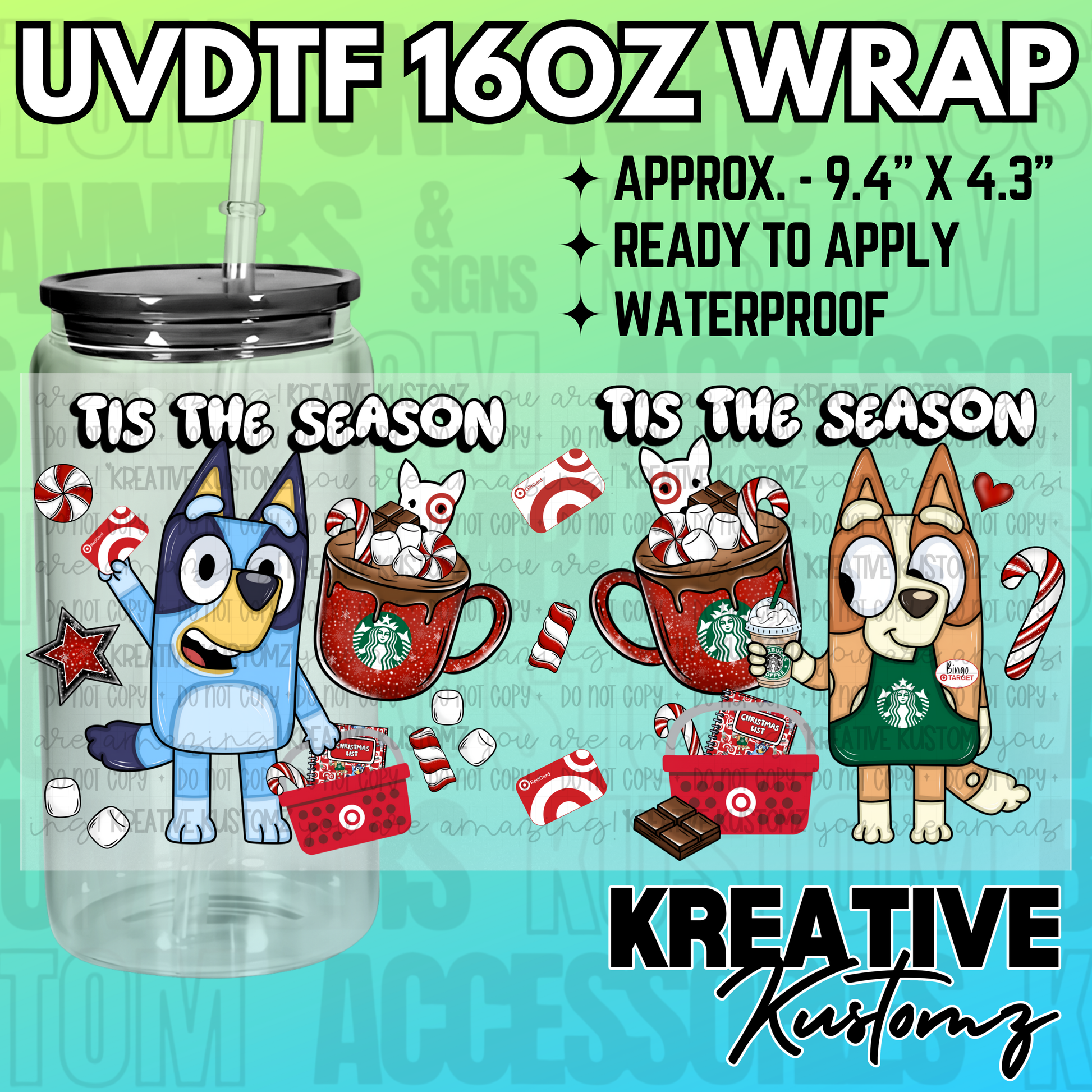 A Christmas themed UV DTF decal wrap for a 16oz glass can featuring Bluey characters.