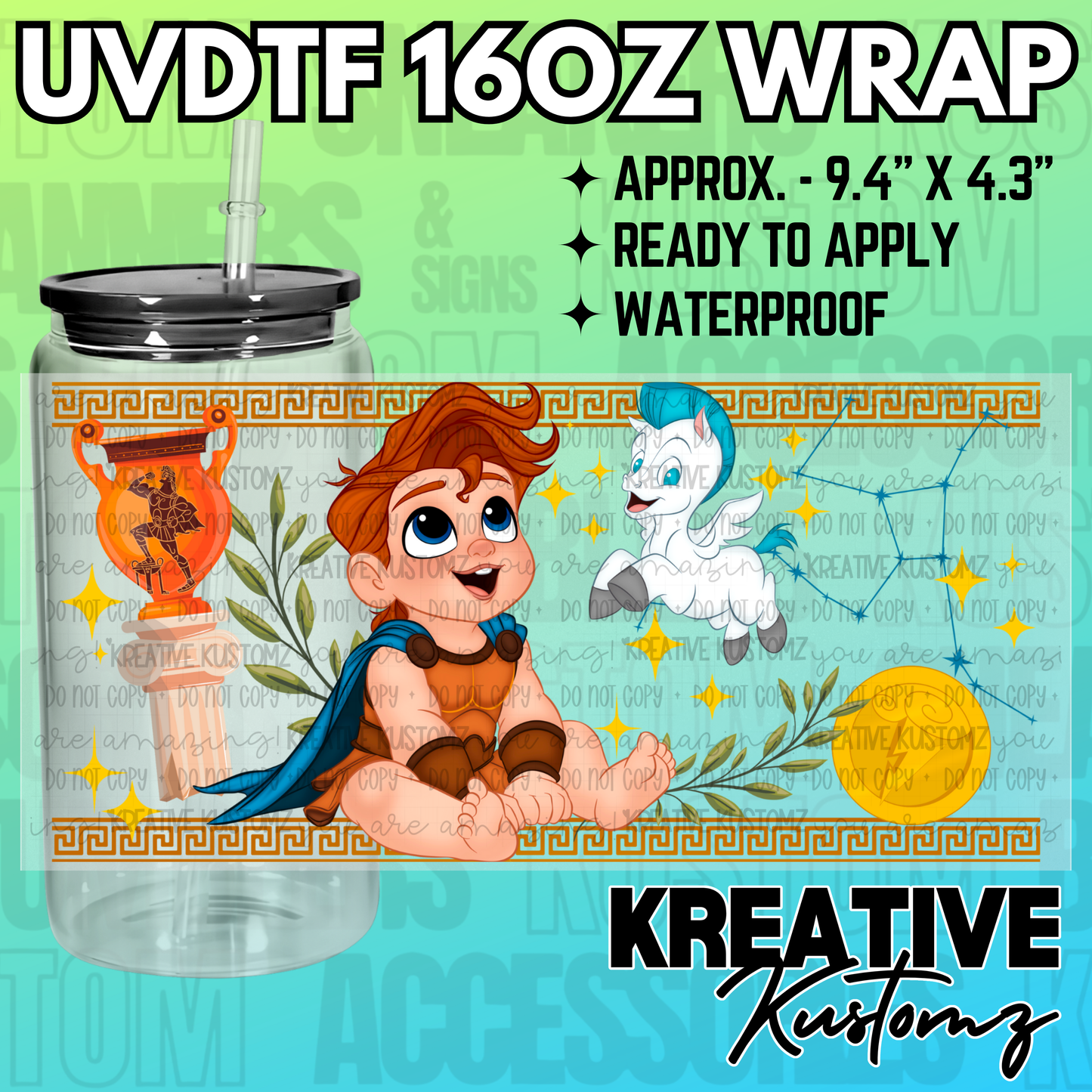 A UV DTF adhesive wrap for a 16oz glass cup featuring a cartoon baby hero and a small pegasus.