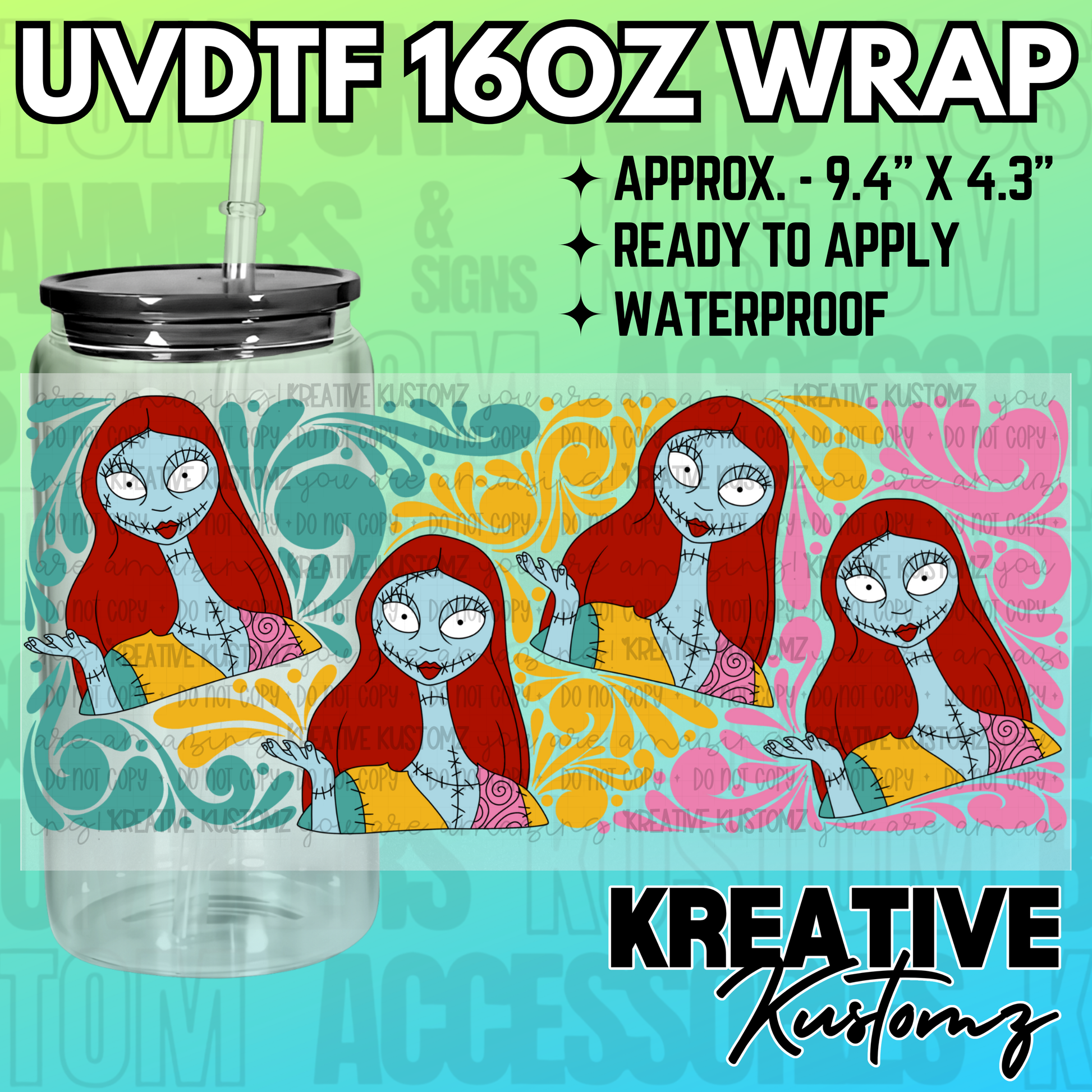 A UV DTF adhesive wrap featuring Sally from The Nightmare Before Christmas for 16oz glass cans.