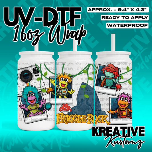 A Fraggle Rock themed UV DTF adhesive wrap for 16oz glass cans featuring cartoon characters.