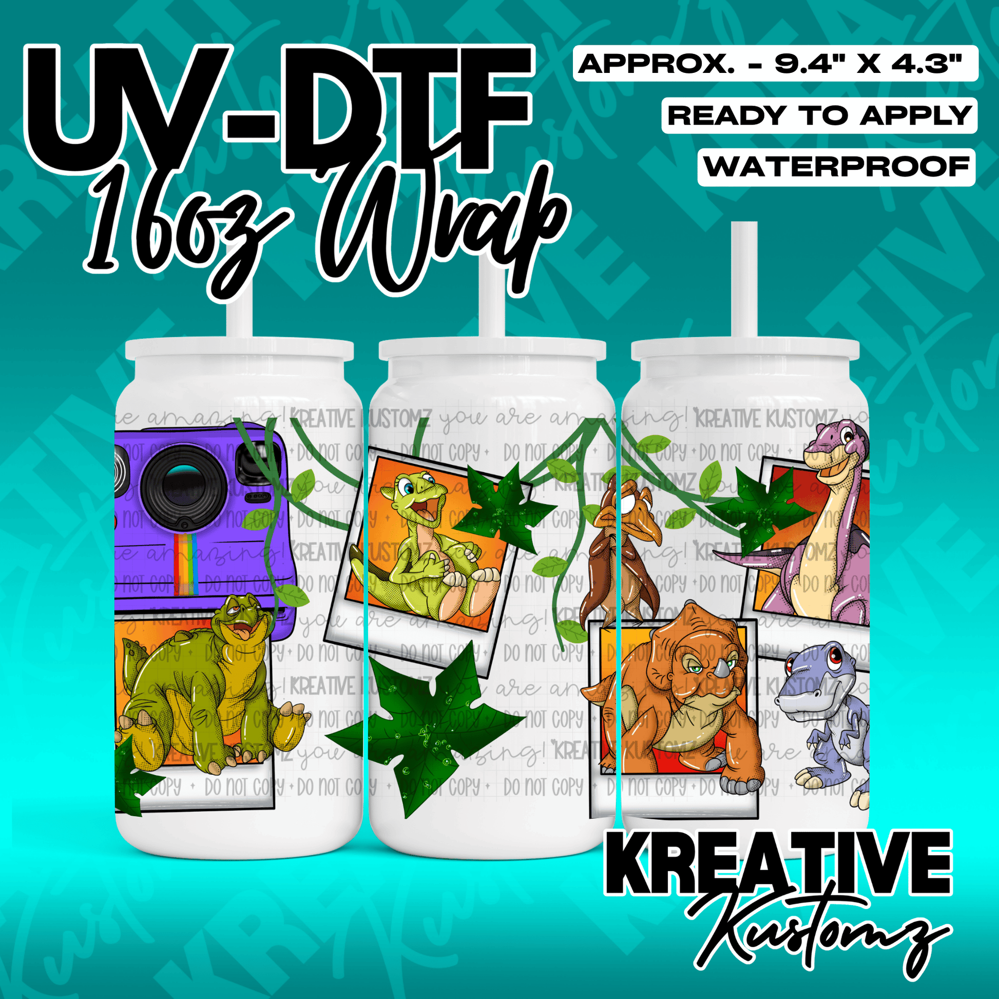 A UV DTF adhesive wrap for 16oz glass cans featuring cartoon dinosaur characters and cameras.