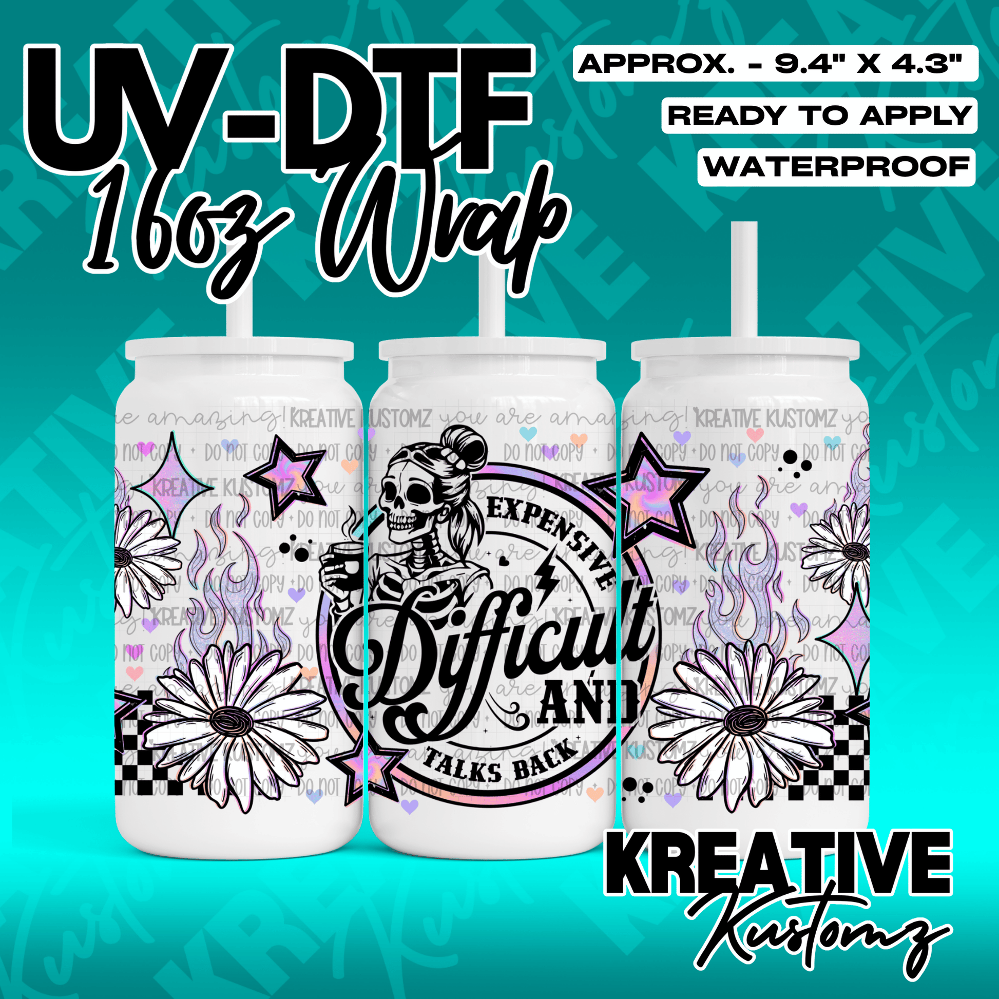A UV DTF adhesive wrap for 16oz glass cans featuring a skeleton design with floral accents.