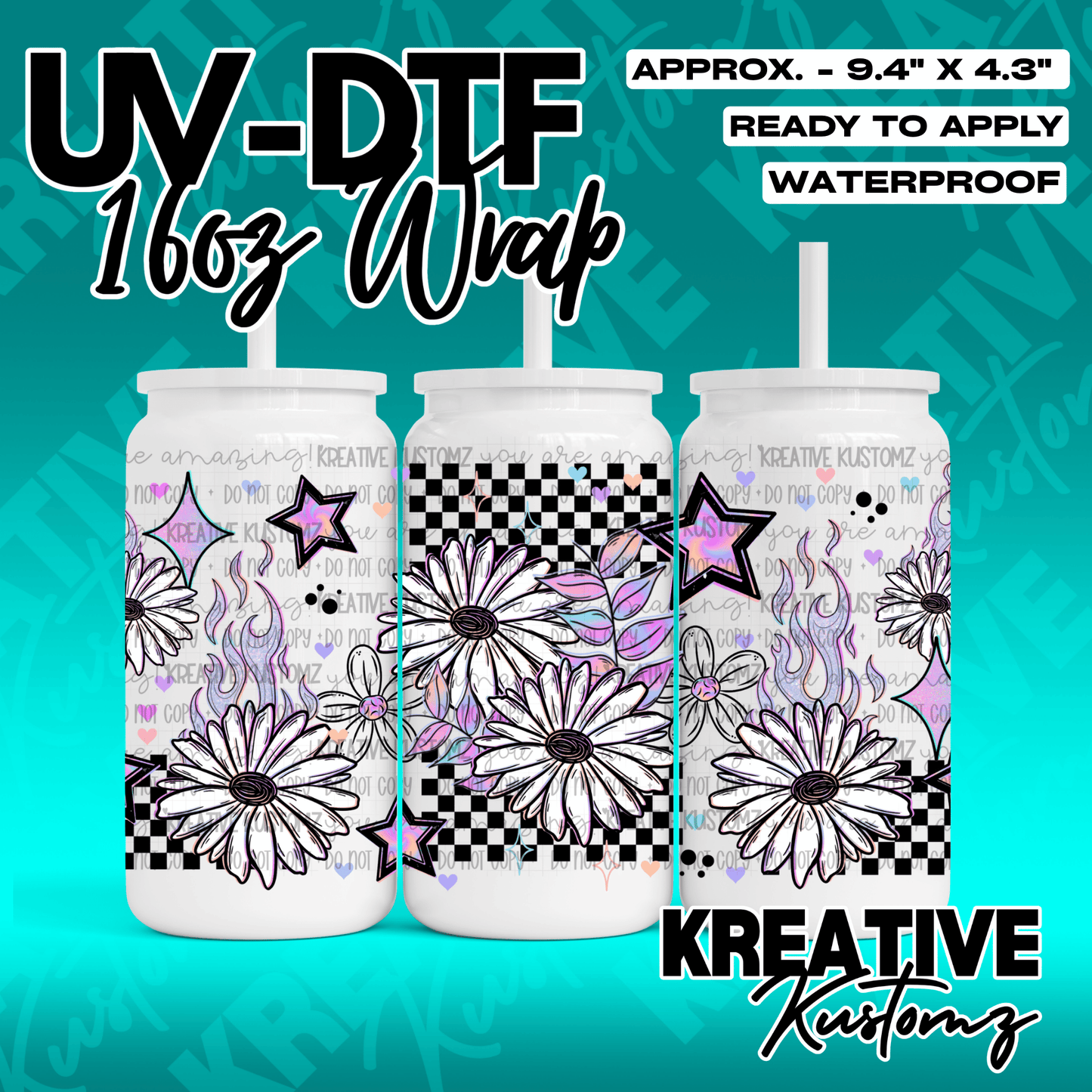 A floral UV DTF adhesive wrap for 16oz glass cans featuring a black and white checkered pattern.
