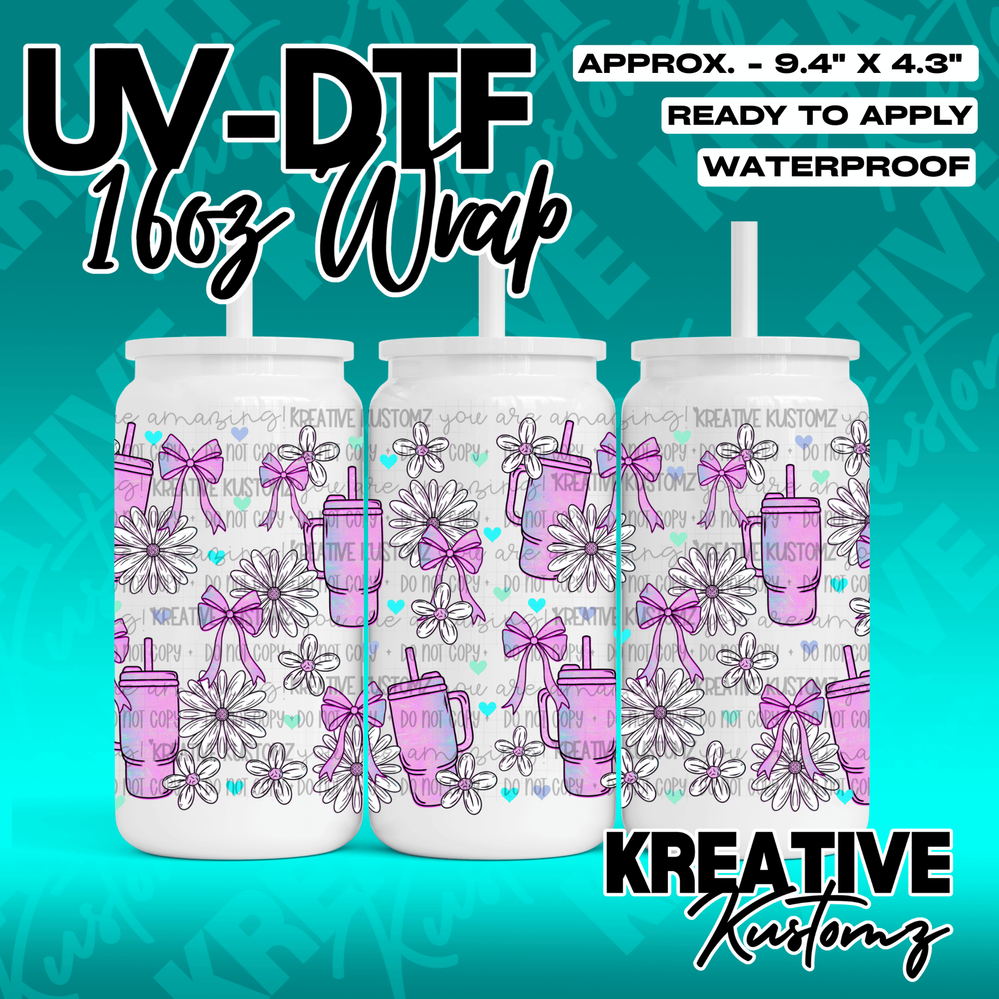 A floral UV DTF adhesive wrap for 16oz glass cans featuring pink tumblers and purple bows.
