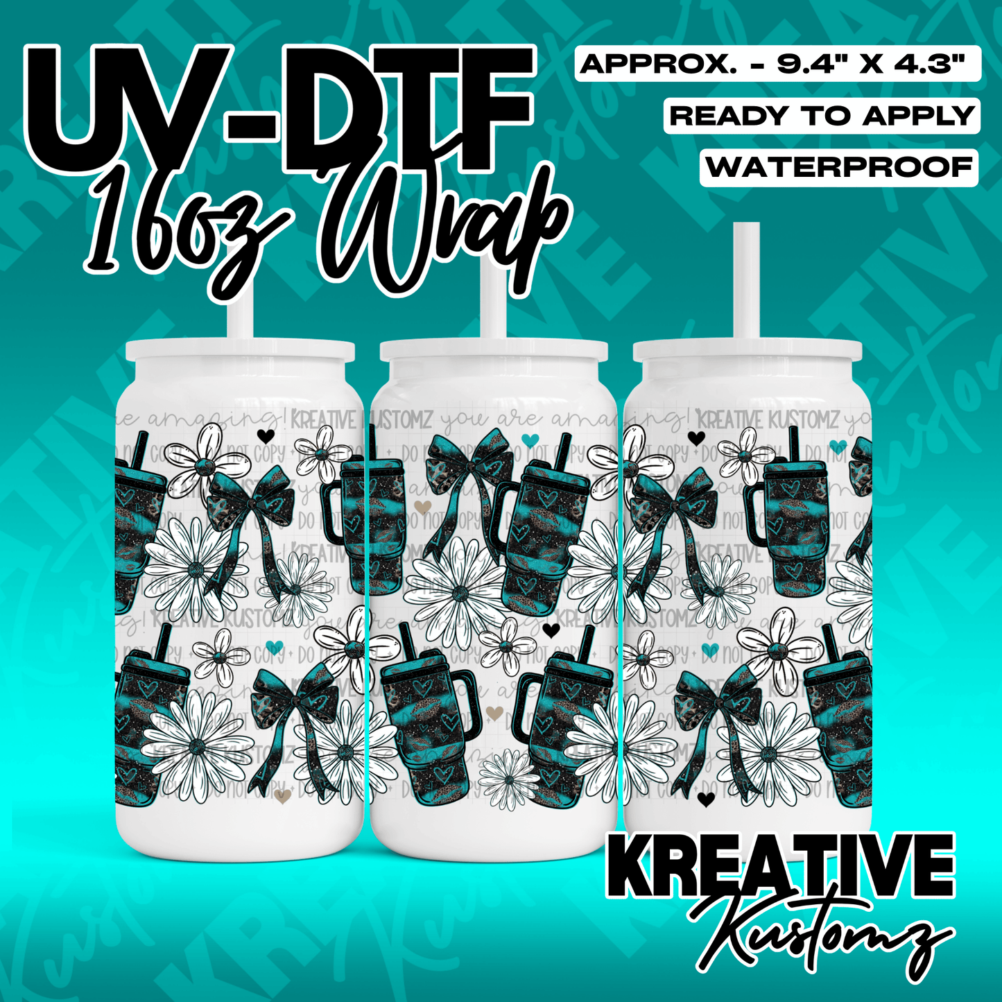 A floral UV DTF adhesive wrap for 16oz glass cans featuring bows and tumbler illustrations.
