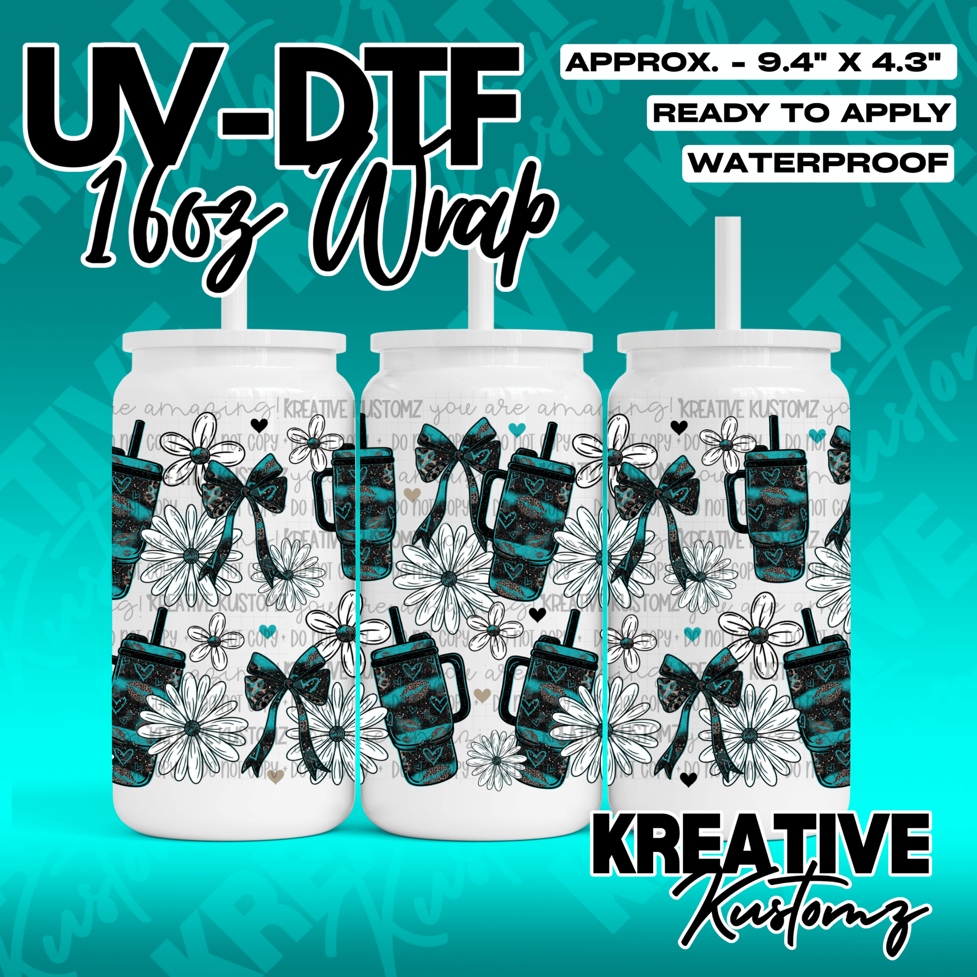 A floral UV DTF adhesive wrap for 16oz glass cans featuring bows and tumbler illustrations.