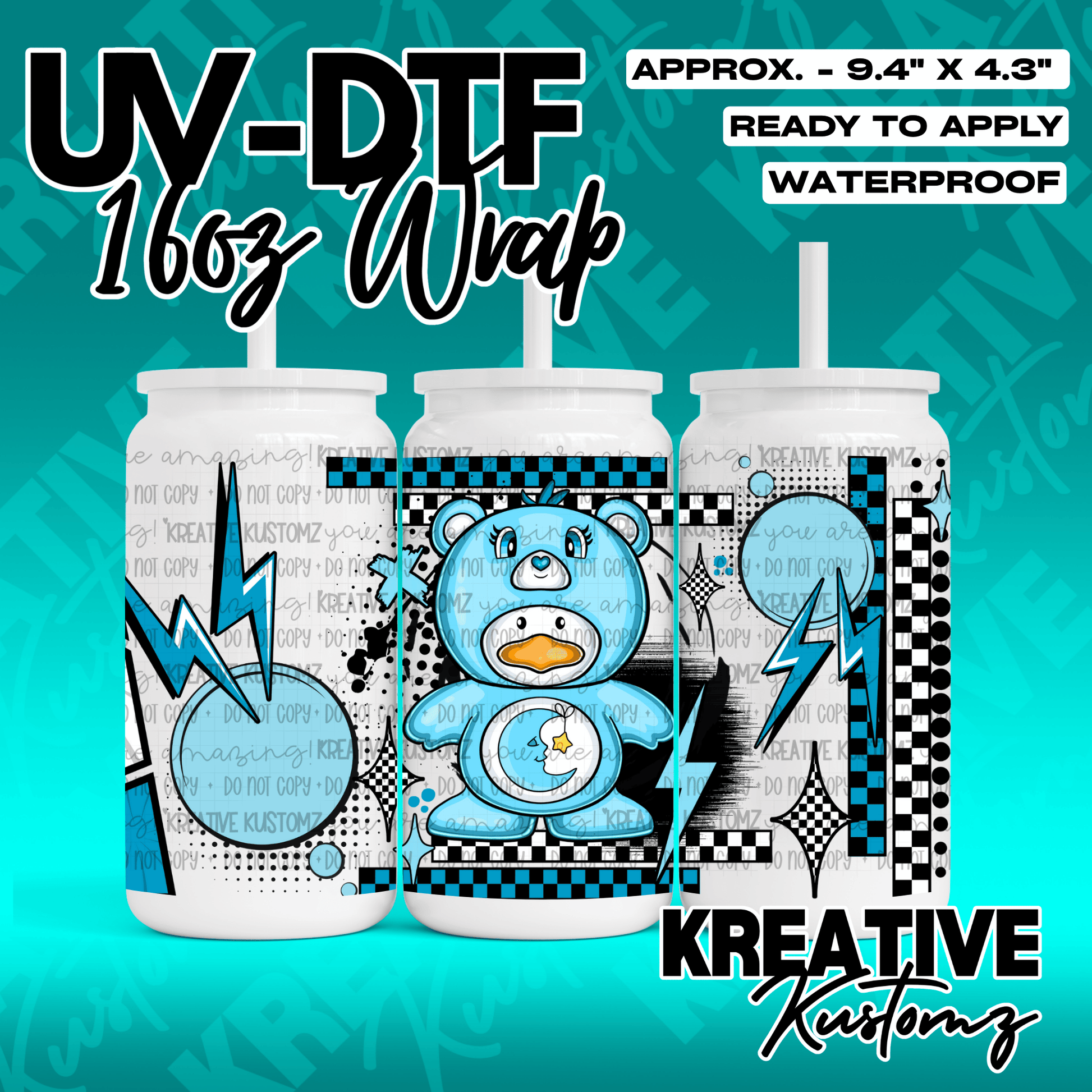 A blue bear-themed UV DTF adhesive wrap for a 16oz glass can with a checkered pattern.