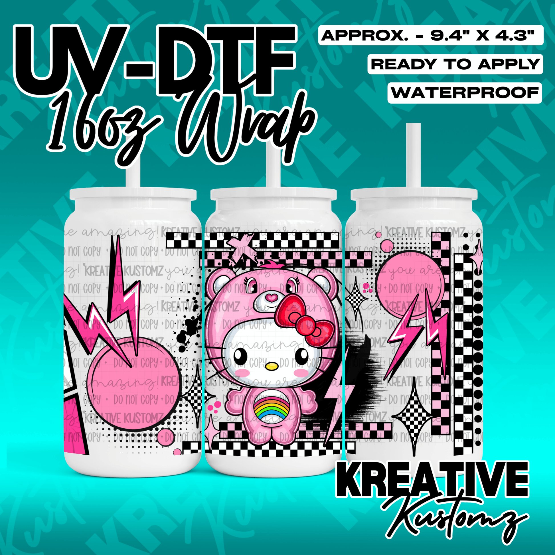 A Hello Kitty bear character wrap for a 16oz glass can with a pink and black checkered design.