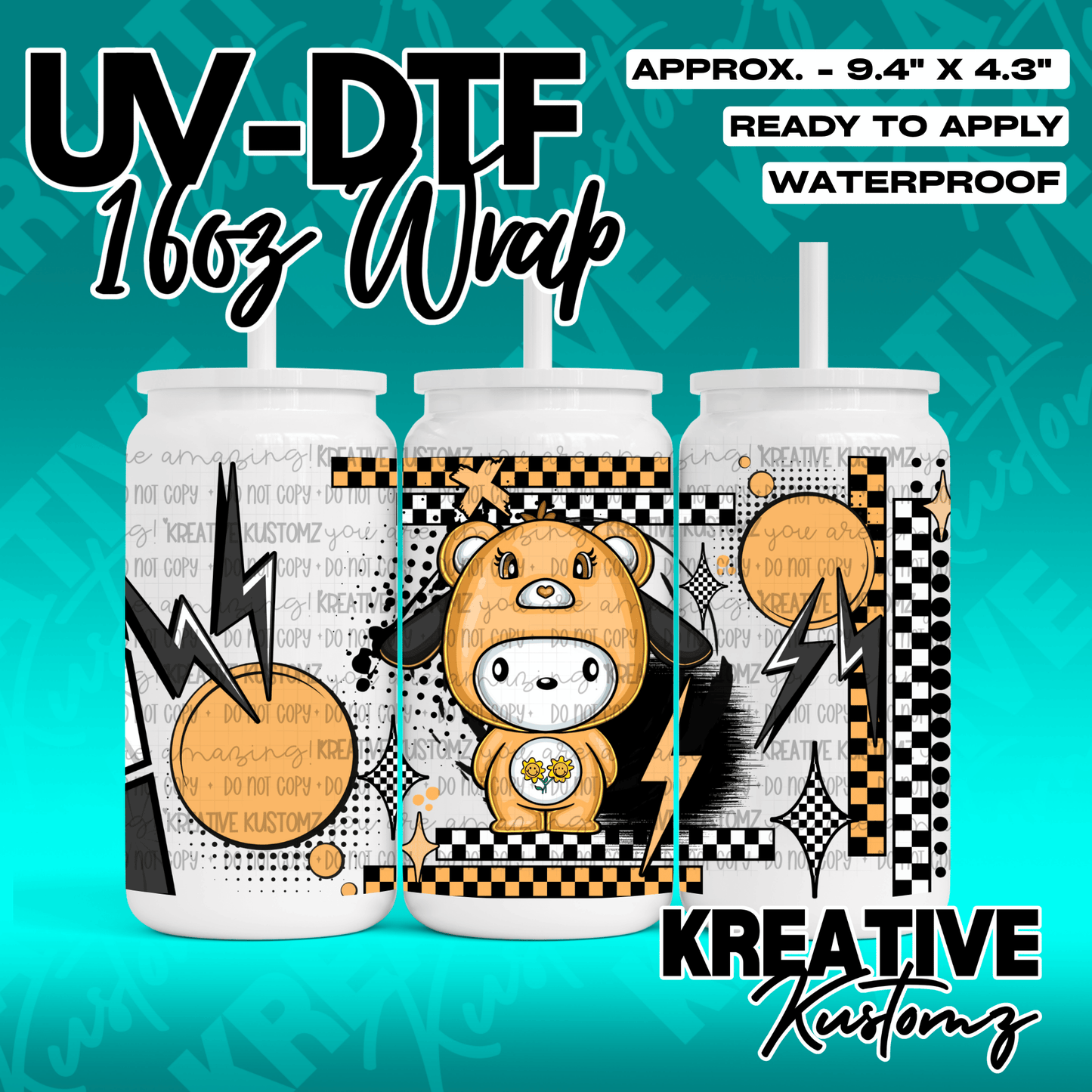 A UV DTF adhesive wrap for 16oz glass cans featuring a cartoon bear and checkered patterns.