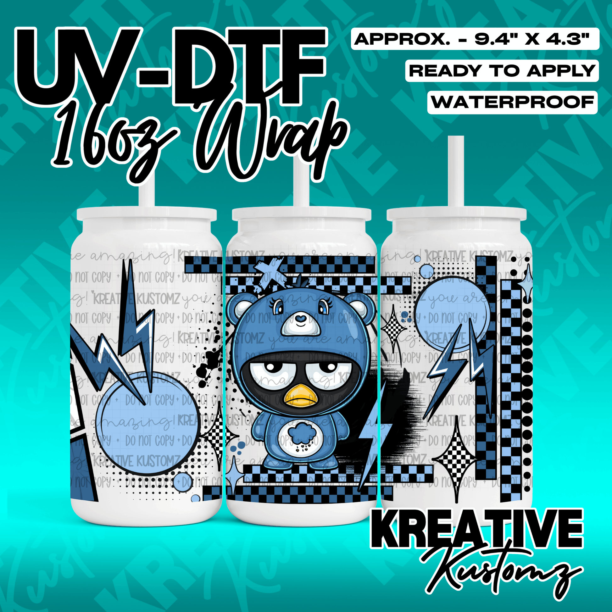 A blue and black checkered UV DTF adhesive wrap featuring a cartoon bear character for 16oz cups.