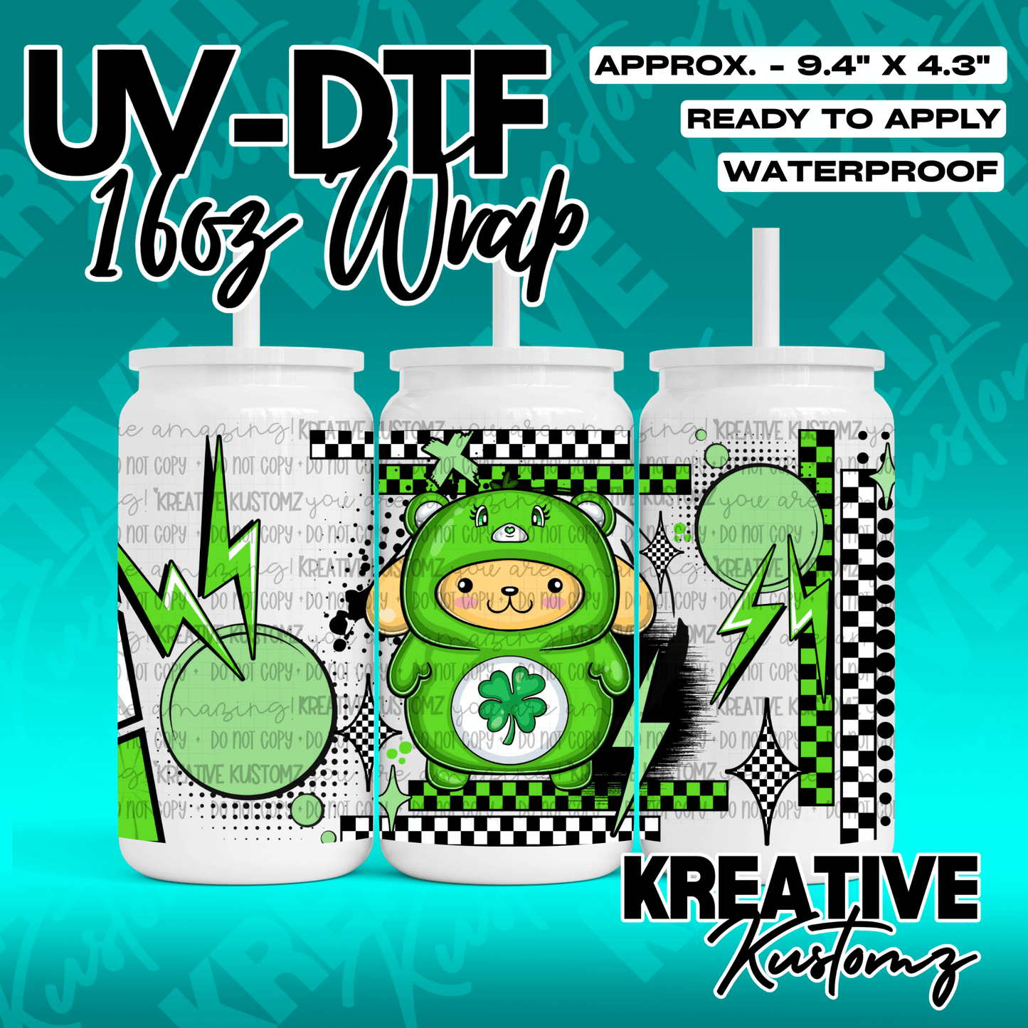 A green Sanrio-themed UV DTF adhesive wrap for 16oz glass cans featuring a bear and lightning.