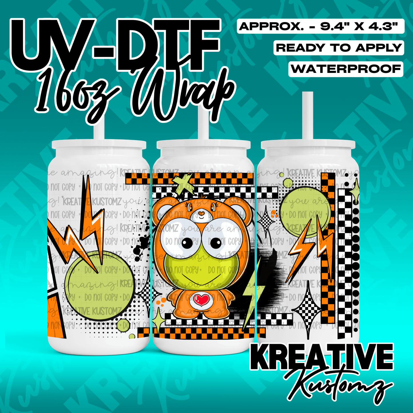 A UV DTF cup wrap featuring a cartoon bear character with orange and black checkered patterns.