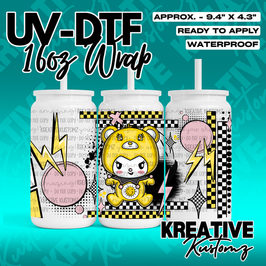 A yellow Sanrio character cup wrap featuring a checkered pattern and lightning bolt designs.