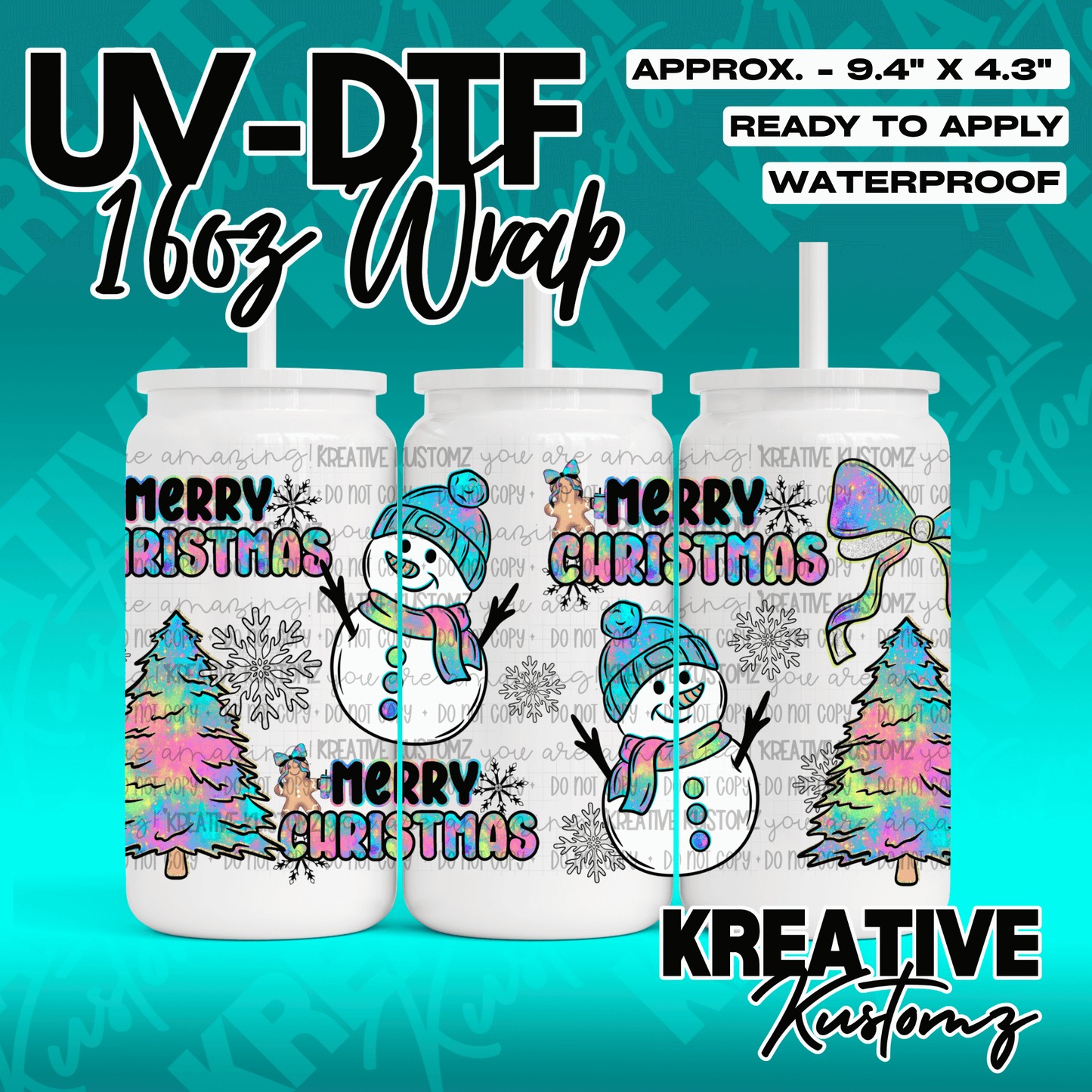 A festive Christmas UV DTF wrap for a 16oz glass can featuring snowmen, trees, and text.
