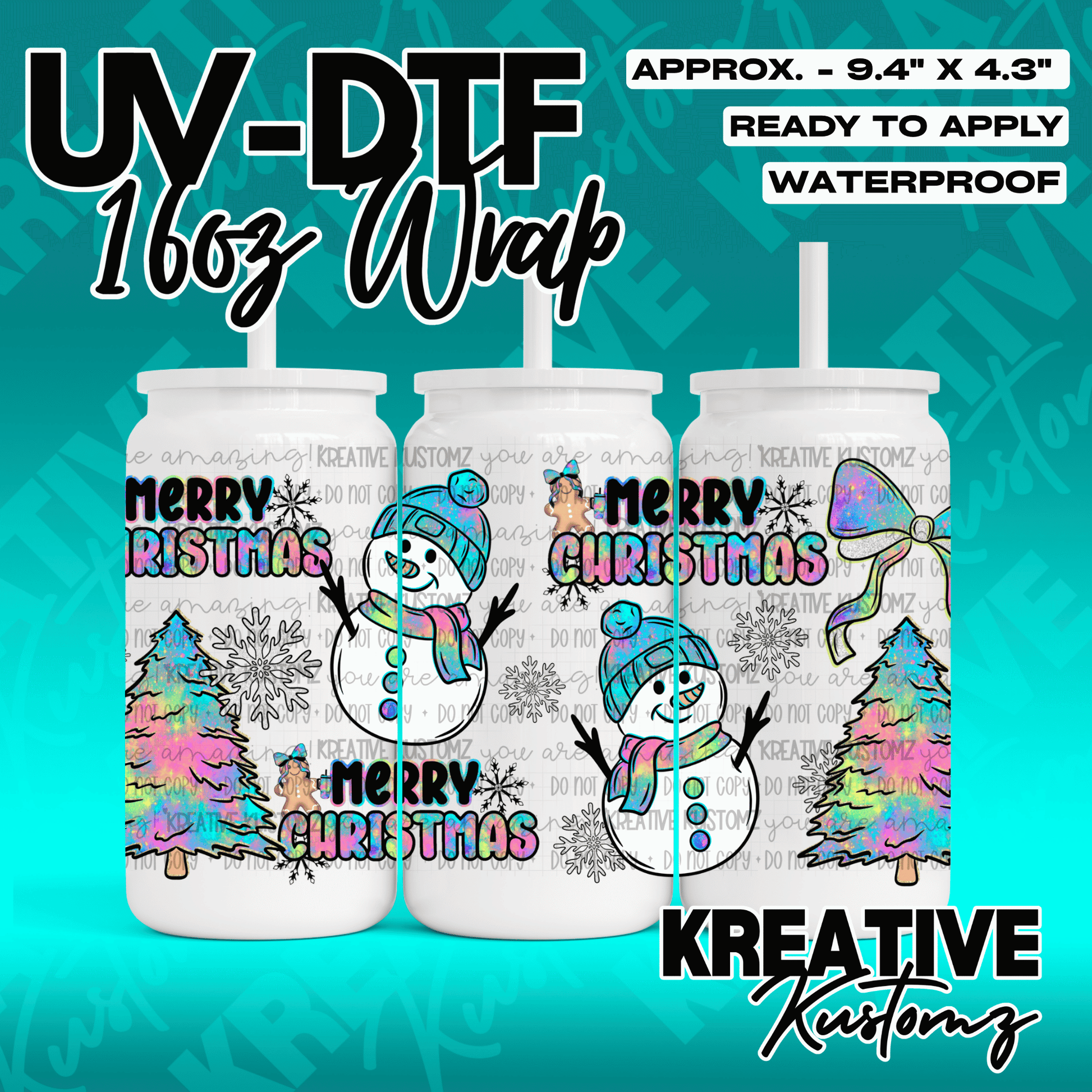 A festive Christmas UV DTF wrap for a 16oz glass can featuring snowmen, trees, and text.