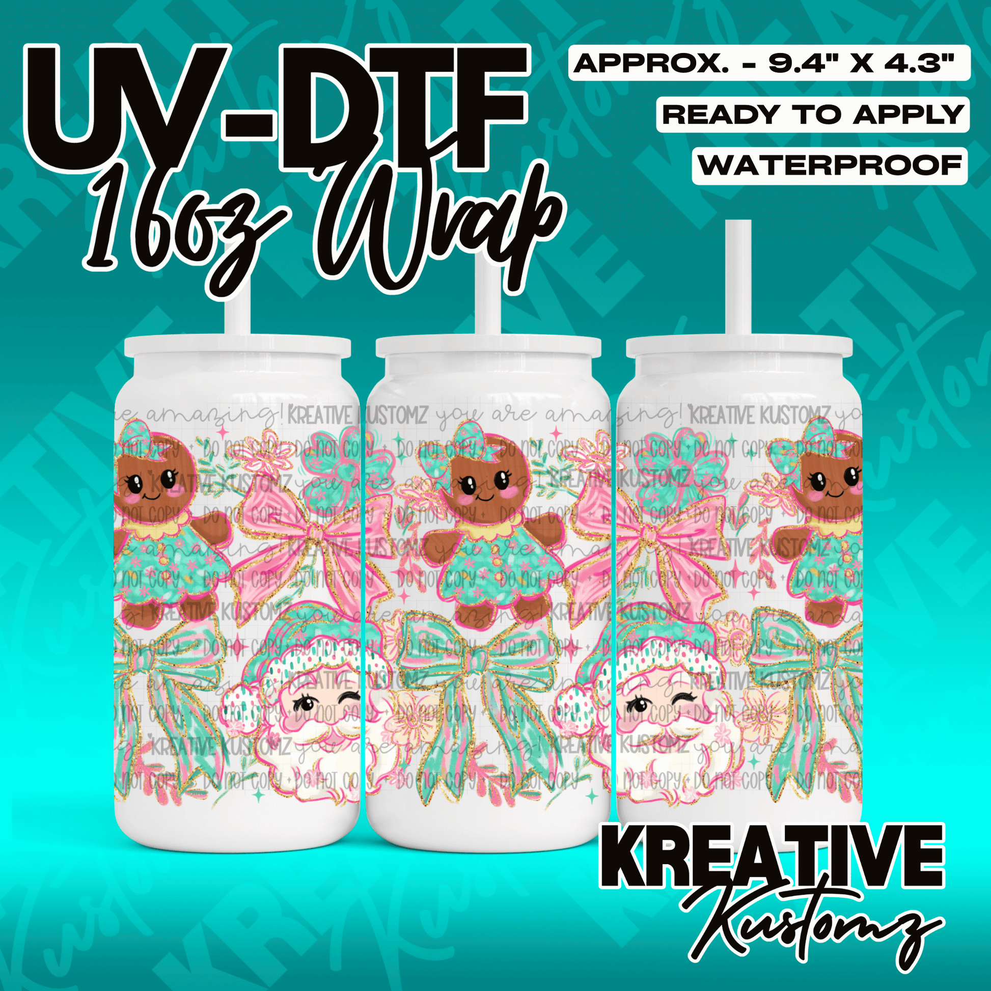A festive Christmas-themed UV DTF wrap for a 16oz glass can featuring gingerbread and Santa designs.