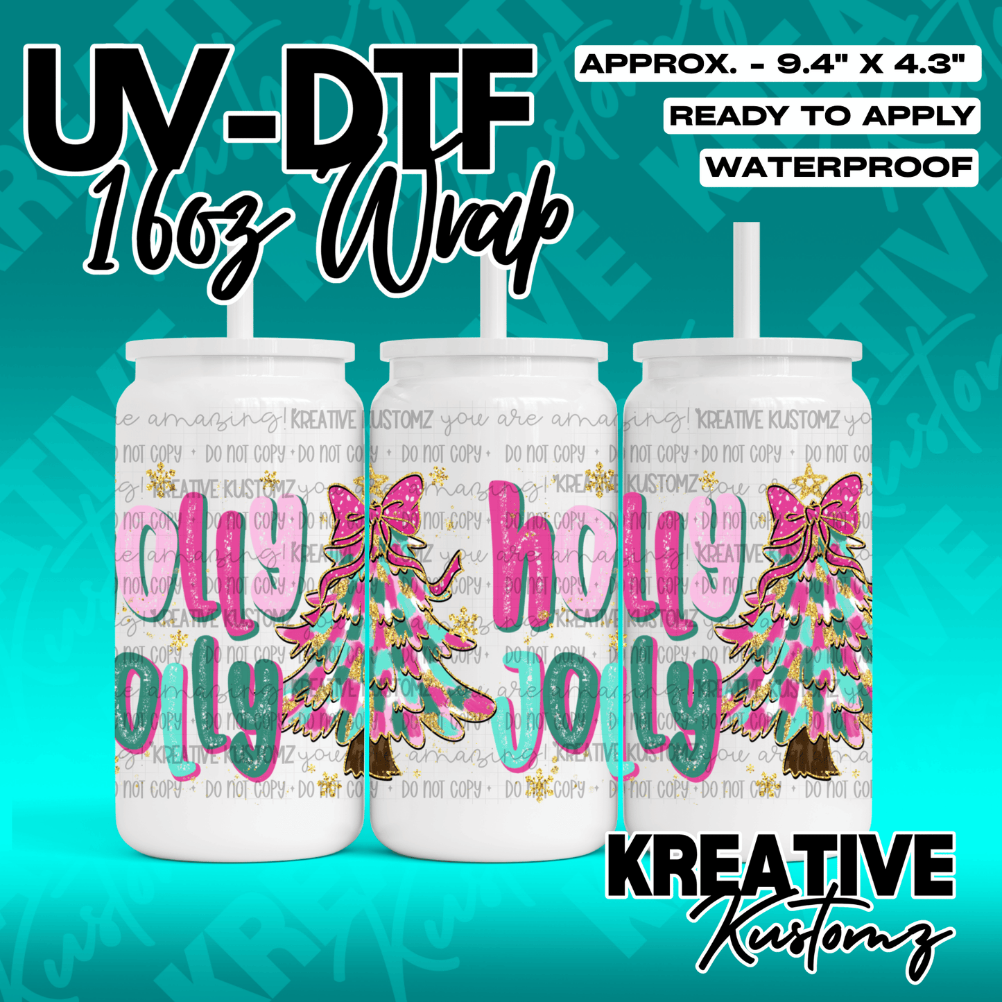 A festive Christmas UV DTF wrap for a 16oz glass can featuring a pink and teal tree design.
