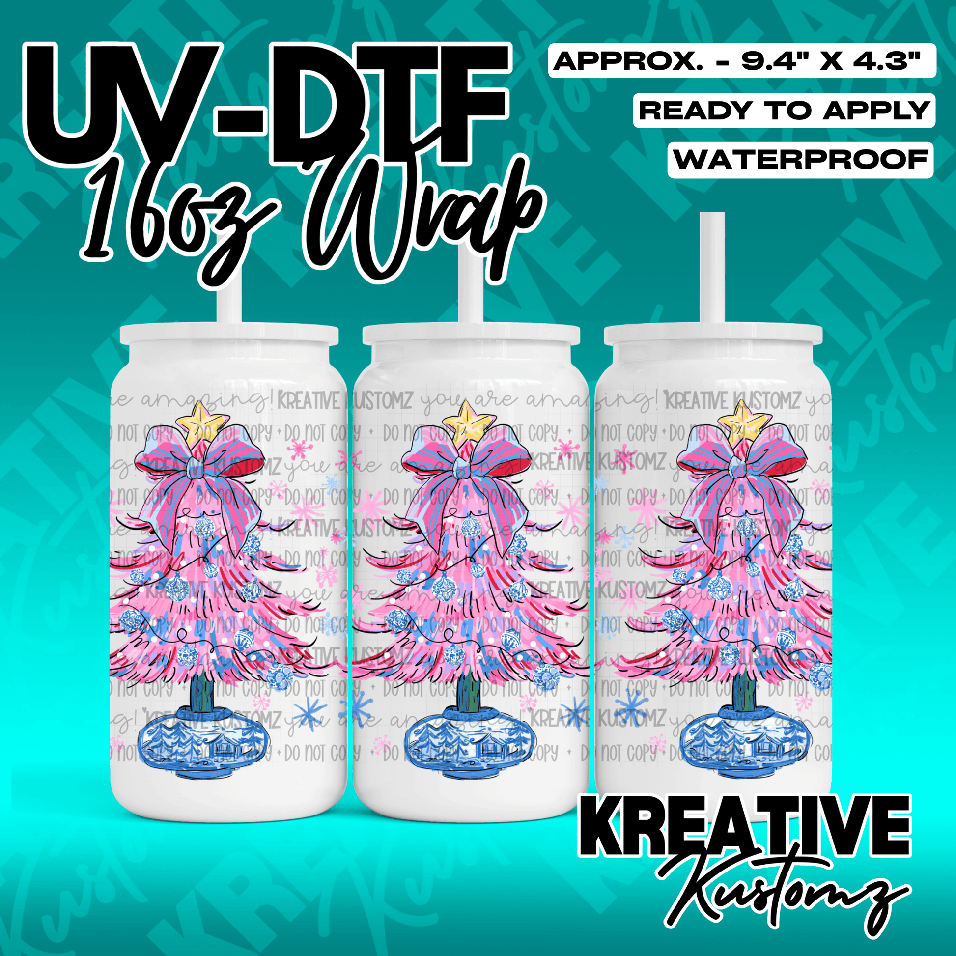 A UV DTF decal for a 16oz glass can featuring a pink Christmas tree with a blue base.