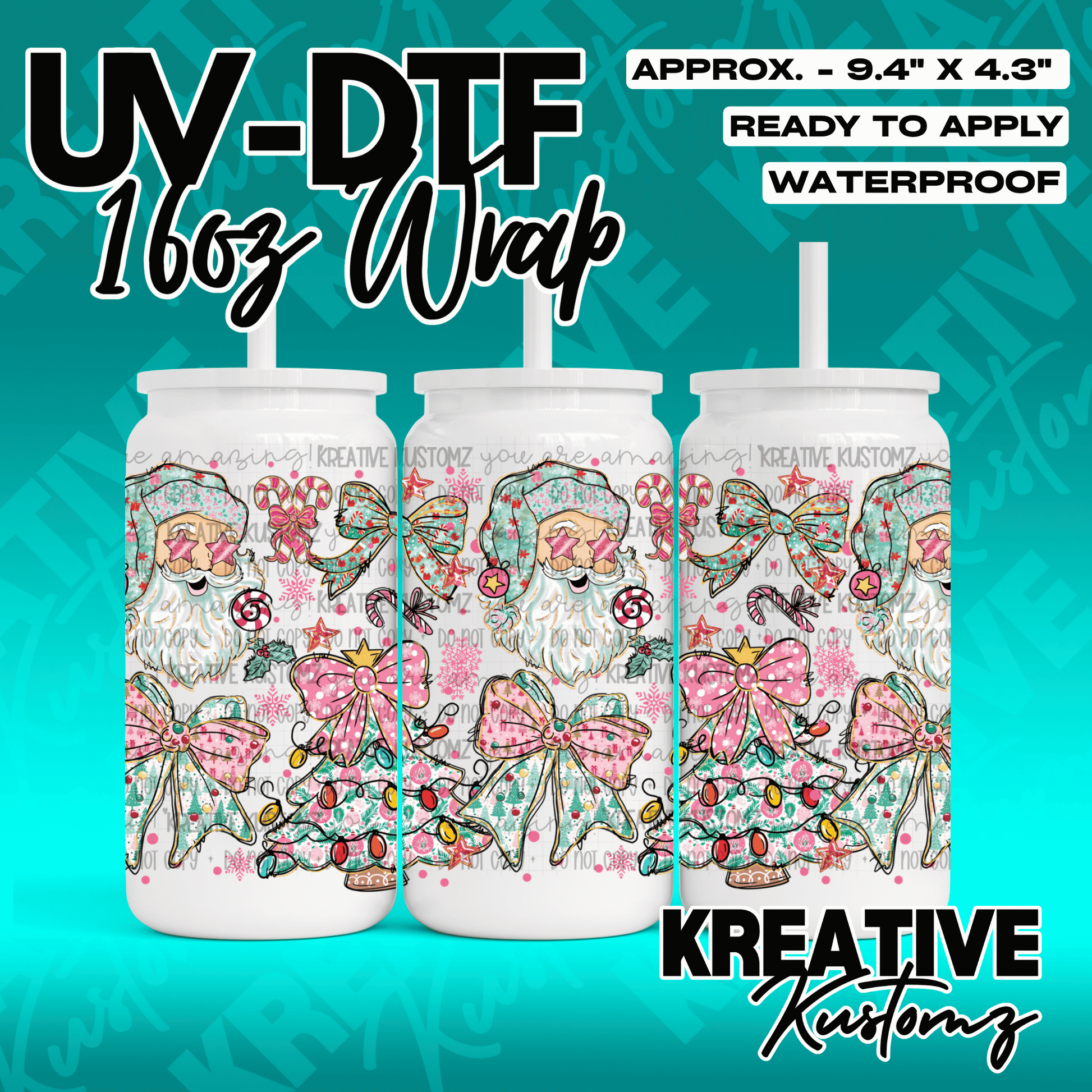 A Christmas-themed UV DTF adhesive wrap for a 16oz glass can featuring Santa, bows, and trees.