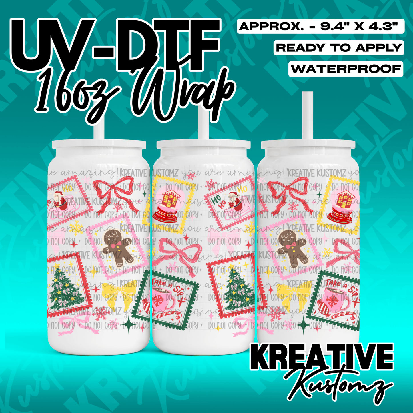 A Christmas-themed UV DTF wrap for a 16oz glass can featuring festive postage stamp designs.