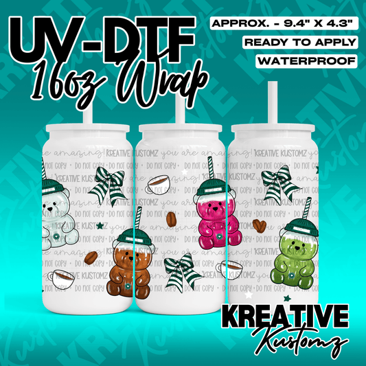 A UV DTF adhesive wrap for 16oz glass cans featuring colorful gummy bear and coffee motifs.