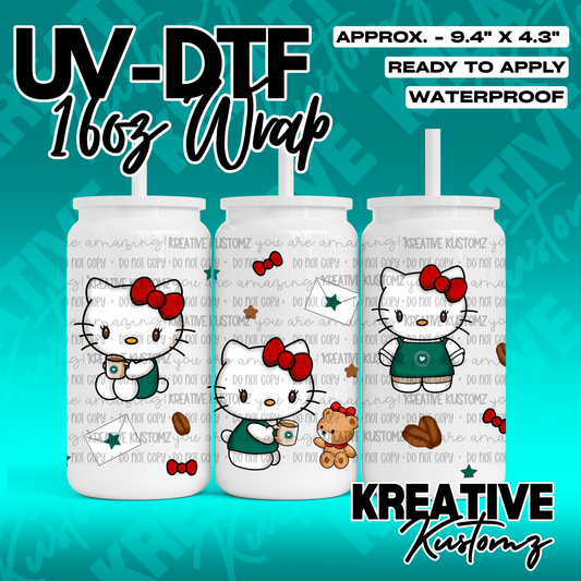 A Hello Kitty themed UV DTF adhesive wrap for 16oz glass cups featuring coffee and bear motifs.