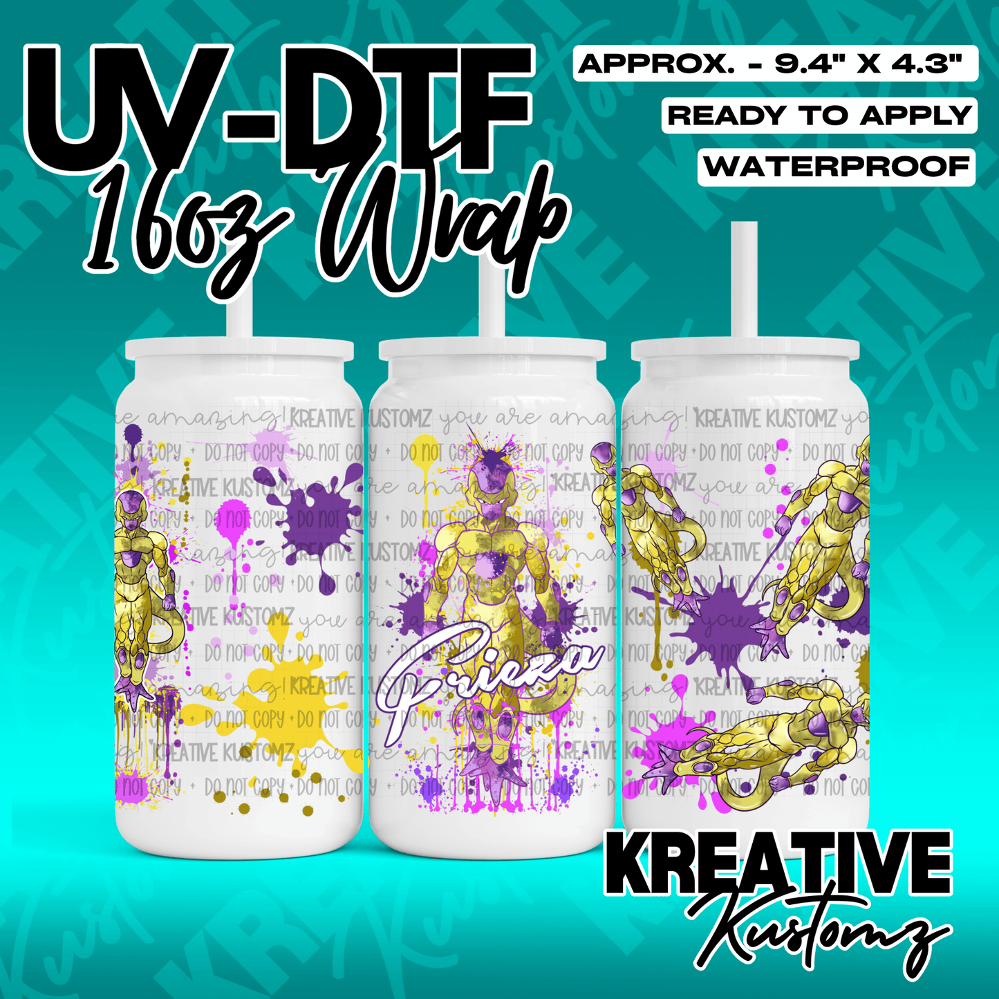 A UV DTF adhesive wrap for a 16oz glass can featuring a Frieza character design.
