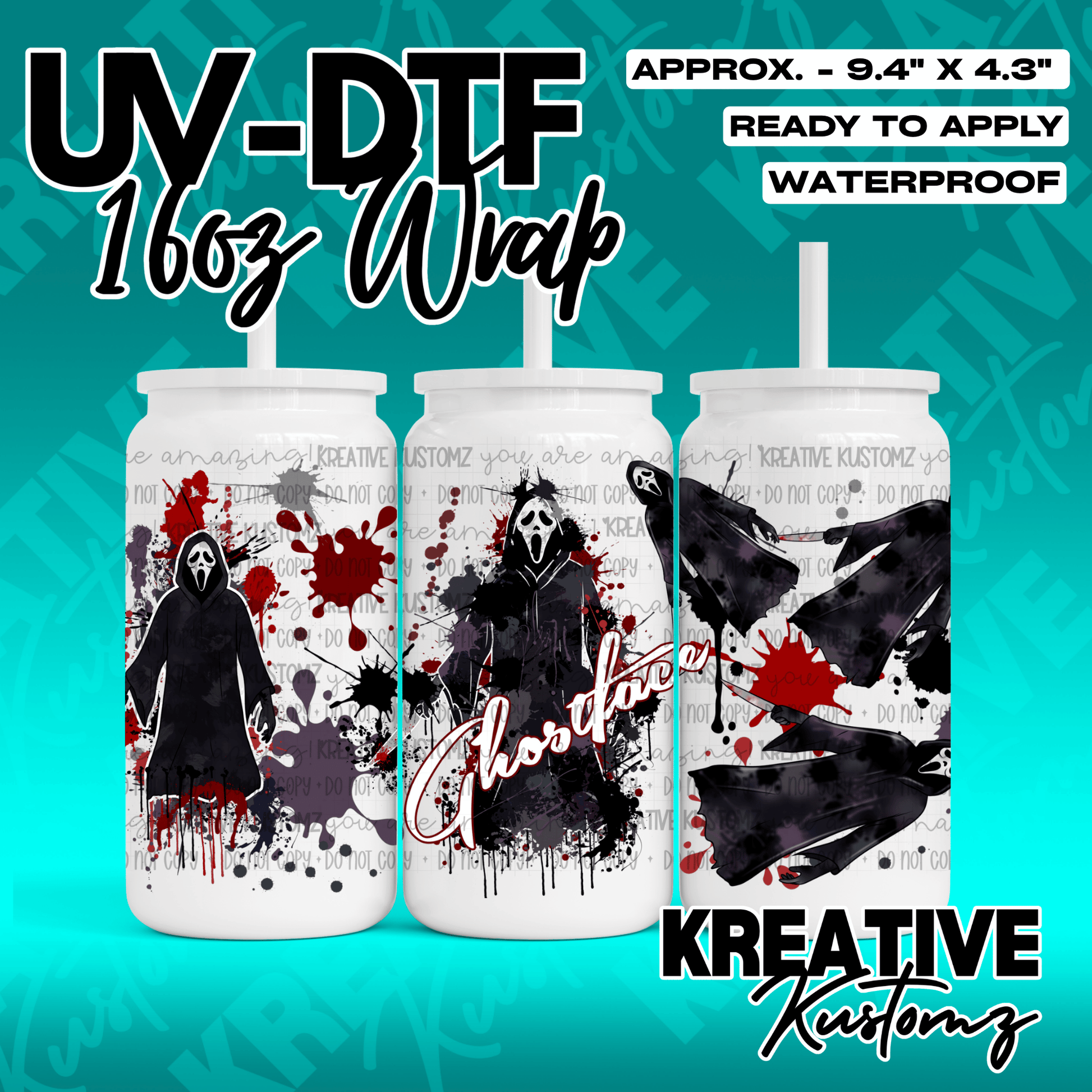 A Ghostface horror themed adhesive wrap for a 16oz glass can cup.