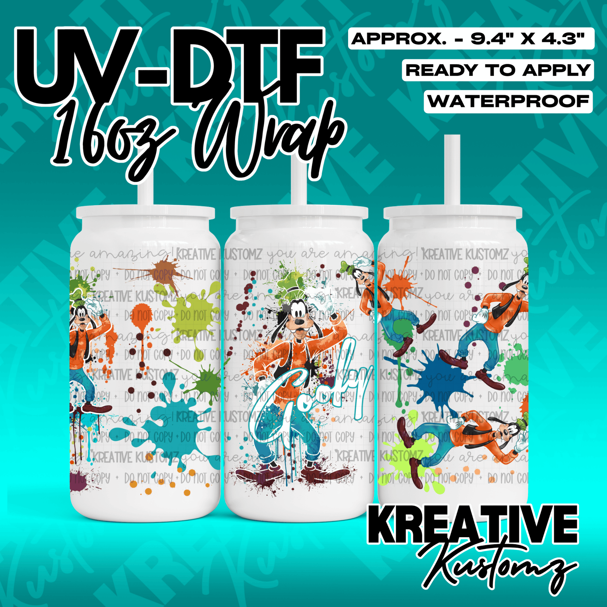 A UV DTF adhesive wrap for 16oz glass cans featuring a Goofy character and paint splatter design.