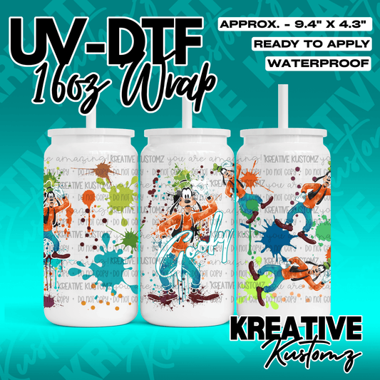 A UV DTF adhesive wrap for 16oz glass cans featuring a Goofy character and paint splatter design.