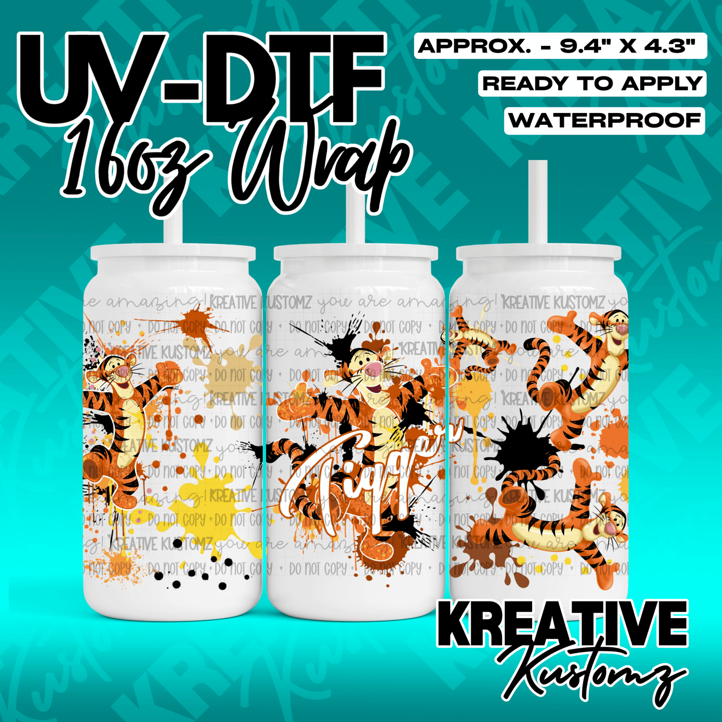 A Tigger themed UV DTF adhesive wrap for a 16oz glass can cup.