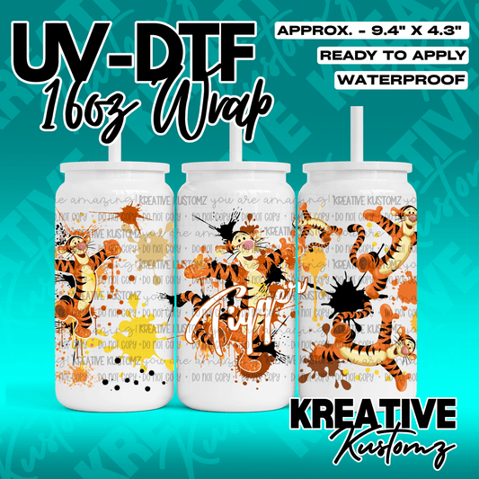 A Tigger themed UV DTF adhesive wrap for a 16oz glass can cup.