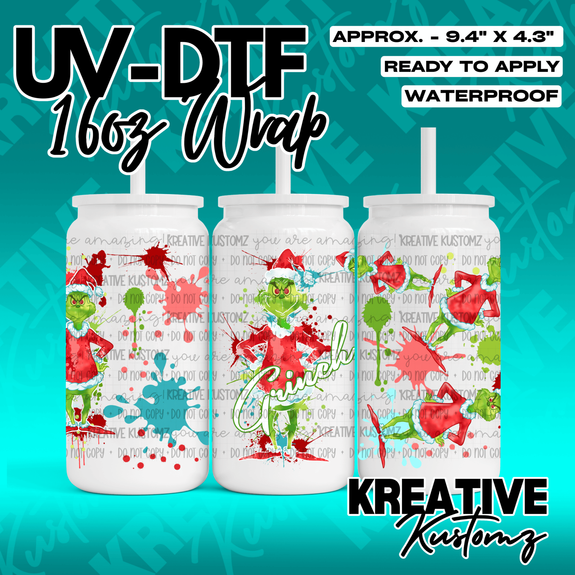 A festive Grinch themed UV DTF adhesive wrap for a 16oz glass can cup.
