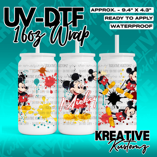 A Mickey Mouse themed UV DTF adhesive wrap for 16oz glass cans with colorful paint splatters.