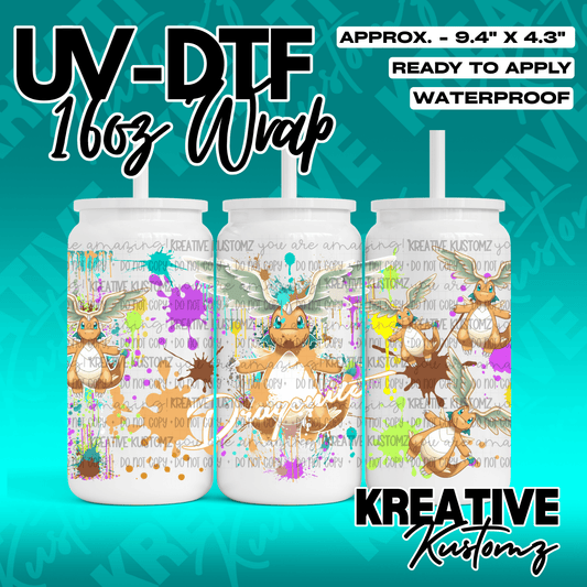 A UV DTF adhesive wrap for 16oz glass cans featuring a Dragonite character and paint splatters.