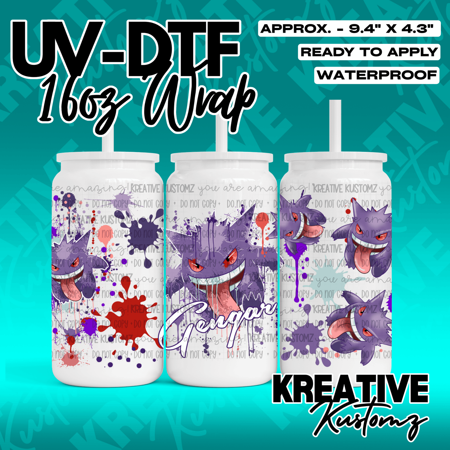 A Gengar themed UV DTF adhesive wrap for a 16oz glass can featuring purple paint splatters.