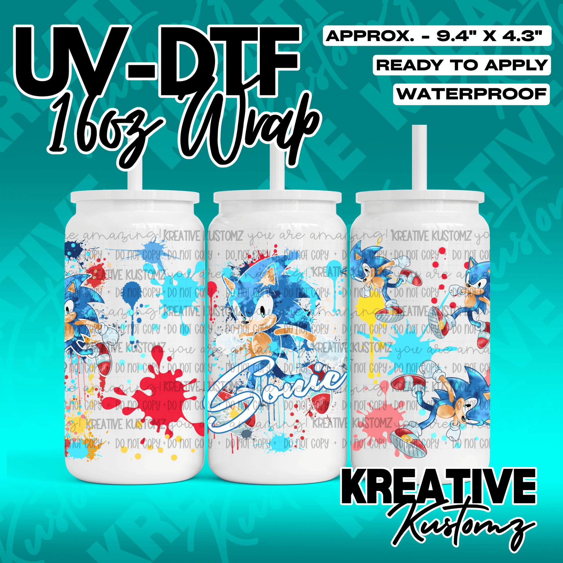 A Sonic the Hedgehog themed UV DTF adhesive wrap for 16oz glass cans with colorful paint splatters.