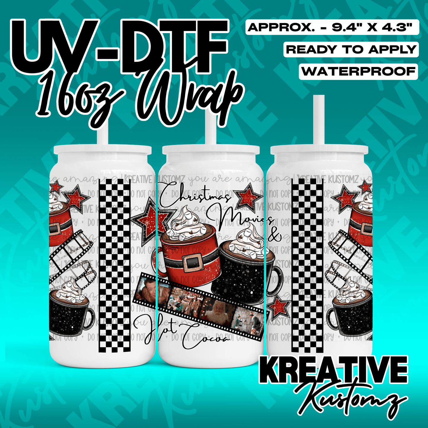 A Christmas-themed UV DTF wrap for a 16oz glass can featuring hot cocoa and film strip designs.