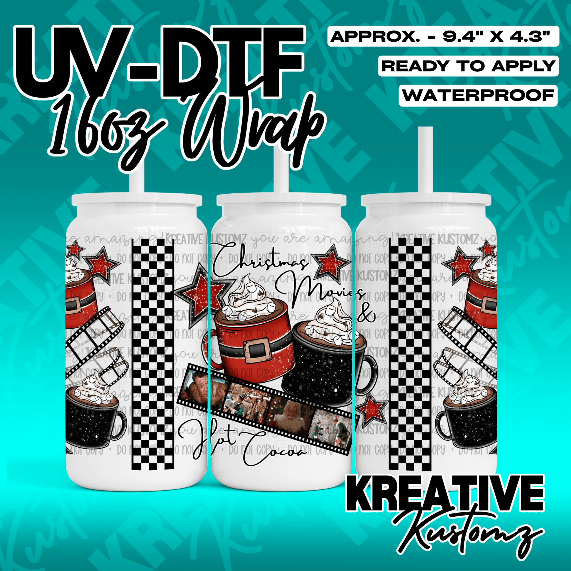 A Christmas-themed UV DTF wrap for a 16oz glass can featuring hot cocoa and film strip designs.