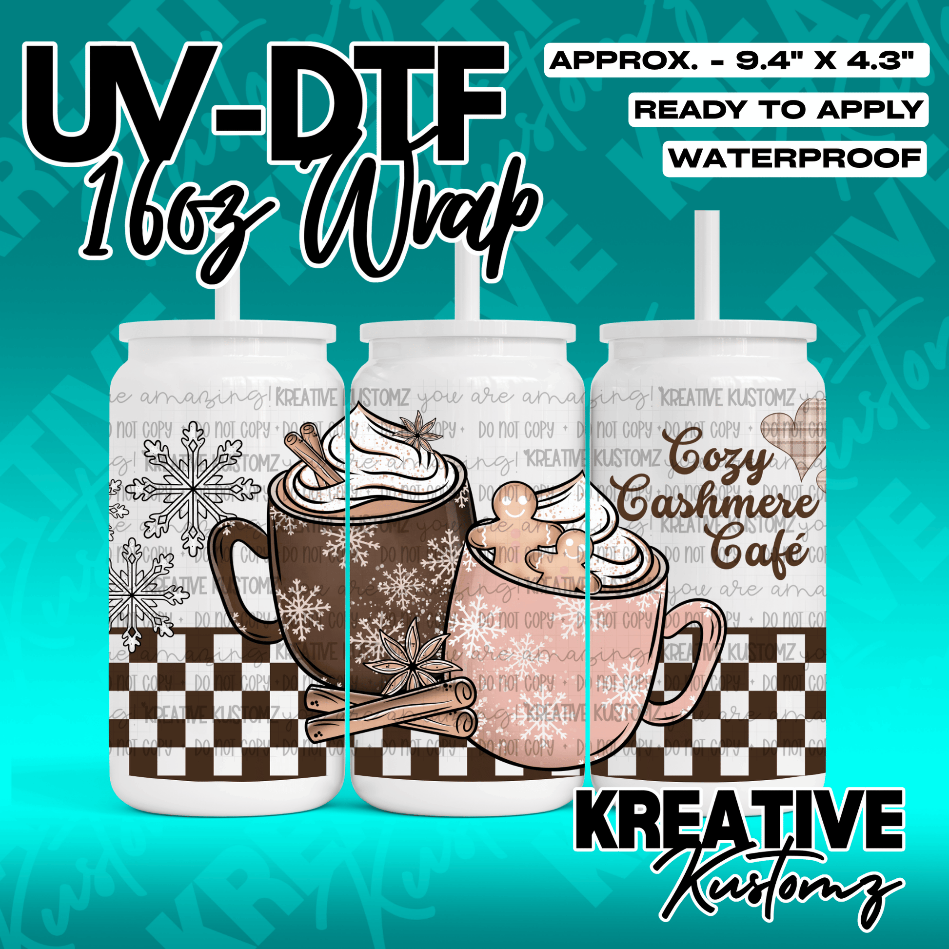 A Christmas themed UV DTF wrap for a 16oz glass can featuring mugs, snowflakes, and a checkerboard.