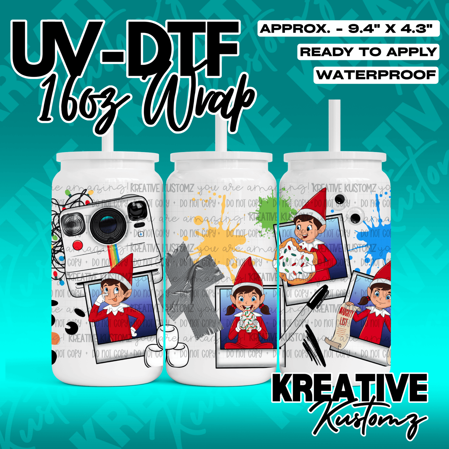 A UV DTF wrap for 16oz glass cans featuring an elf theme with polaroid-style illustrations.